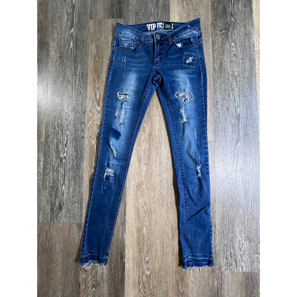 VIP Jeans Skinny Jeans Womens 5/6 Blue Distressed Ripped Frayed Hem 1-7841D